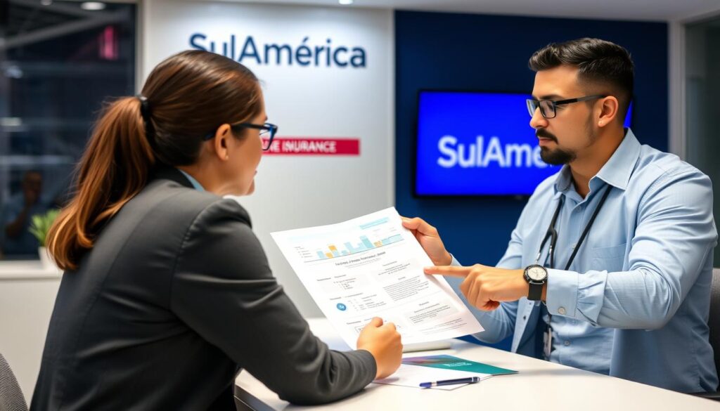 Corretora explicando detalhes do plano de saúde SulAmérica para cliente Corretora explicando detalhes do plano de saúde SulAmérica para cliente