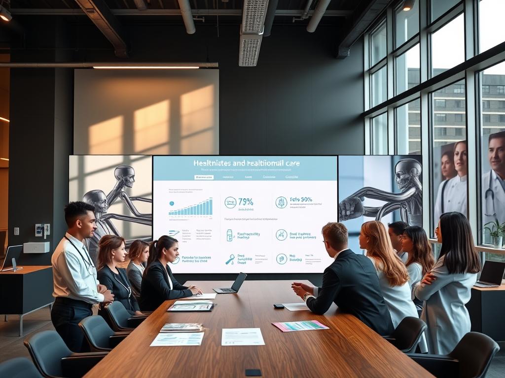 A modern healthcare consulting office in Embu das Artes, featuring a sleek, professional interior with elegant furnishings and natural light pouring through large windows. In the foreground, a diverse group of healthcare professionals wearing business attire engage in a collaborative discussion around a large wooden table, showcasing charts and patient care materials. In the middle, a large backdrop of a digital display highlights key statistics and graphics related to health services and premium care offerings. In the background, subtle images of high-quality hospitals and clinics can be seen on the walls, creating an atmosphere of trust and professionalism. The lighting is warm and inviting, evoking a sense of comfort and expertise. The overall mood is focused and dedicated to providing exceptional health consulting services. A modern healthcare consulting office in Embu das Artes, featuring a sleek, professional interior with elegant furnishings and natural light pouring through large windows. In the foreground, a diverse group of healthcare professionals wearing business attire engage in a collaborative discussion around a large wooden table, showcasing charts and patient care materials. In the middle, a large backdrop of a digital display highlights key statistics and graphics related to health services and premium care offerings. In the background, subtle images of high-quality hospitals and clinics can be seen on the walls, creating an atmosphere of trust and professionalism. The lighting is warm and inviting, evoking a sense of comfort and expertise. The overall mood is focused and dedicated to providing exceptional health consulting services.