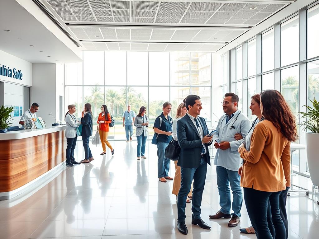 A modern healthcare setting representing "Sulamérica Saúde" in Embu das Artes, featuring a welcoming reception area with friendly staff dressed in professional attire. In the foreground, a diverse group of patients discussing their health plans with a consultant, emphasizing personalized service. The middle ground depicts state-of-the-art medical facilities, showing advanced technology and a clean, organized environment. The background features a bright, airy space with natural light filtering through large windows, showcasing the beauty of Embu das Artes outside. The atmosphere is optimistic and reassuring, reflecting the premium benefits available at Sulamérica Saúde, including access to the best hospitals, laboratories, and medical centers in Brazil. Use bright, warm colors to enhance the sense of comfort and trust. A modern healthcare setting representing "Sulamérica Saúde" in Embu das Artes, featuring a welcoming reception area with friendly staff dressed in professional attire. In the foreground, a diverse group of patients discussing their health plans with a consultant, emphasizing personalized service. The middle ground depicts state-of-the-art medical facilities, showing advanced technology and a clean, organized environment. The background features a bright, airy space with natural light filtering through large windows, showcasing the beauty of Embu das Artes outside. The atmosphere is optimistic and reassuring, reflecting the premium benefits available at Sulamérica Saúde, including access to the best hospitals, laboratories, and medical centers in Brazil. Use bright, warm colors to enhance the sense of comfort and trust.