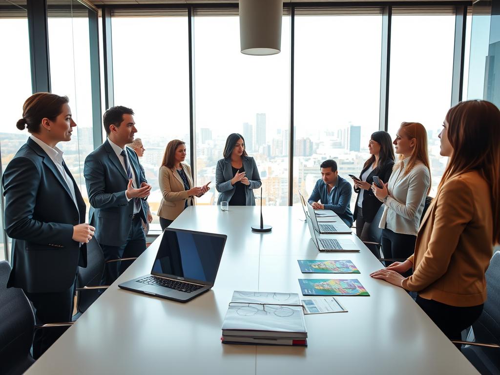 A modern office environment representing "Consultoria Sulamérica Saúde em Barueri." In the foreground, a professional consultant dressed in smart business attire discusses healthcare options with a small group of diverse entrepreneurs, showcasing a collaborative atmosphere. In the middle ground, a sleek conference table with laptops and health brochures, accentuating the focus on healthcare consultancy. The background includes large windows revealing a bright, sunny day outside, with a view of Barueri's skyline, symbolizing growth and opportunity. Soft, natural lighting enhances the friendly and professional mood. The lens is slightly wide-angle to capture the interaction and the open space, conveying a sense of trust and innovation in healthcare advisory services.