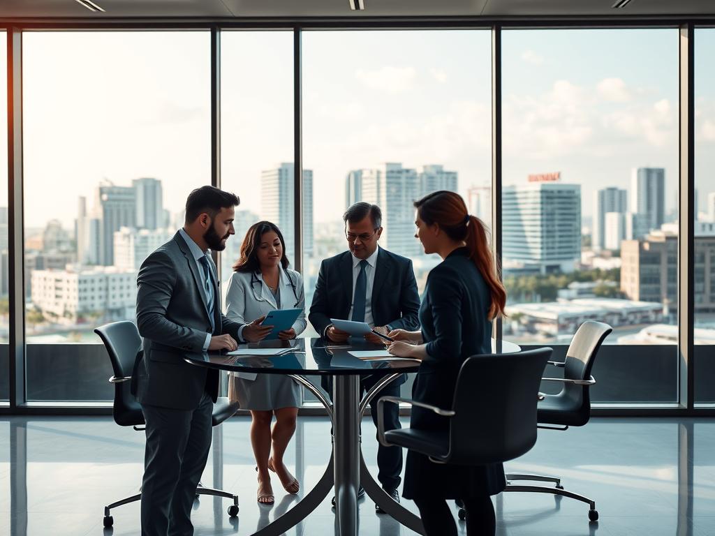 A modern office environment showcasing a professional meeting between representatives of Maximo Consultoria and Sulamérica Saúde. In the foreground, a diverse group of three business professionals, dressed in smart attire, engaged in a discussion, with digital tablets and documents on the table. The middle ground captures a sleek, contemporary conference room with large windows allowing natural light to flood the space, casting soft shadows. In the background, a cityscape view of Diadema with recognizable buildings symbolizing healthcare, such as a hospital and a laboratory, blending seamlessly into the atmosphere. The overall mood is collaborative, innovative, and optimistic, emphasizing quality healthcare services and premium consultation. Use soft, warm lighting to enhance the inviting ambiance, with a slightly elevated perspective to capture all elements effectively.
