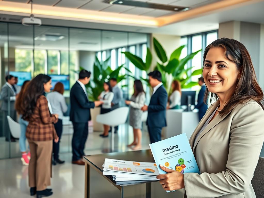 A modern office interior showcasing a sleek and professional environment, featuring a stylish reception area adorned with soothing colors and minimalist decor. In the foreground, a friendly consultant in professional business attire is engaging with a diverse group of clients, discussing health plans. The consultant, a middle-aged Hispanic woman, stands confidently at a desk filled with brochures labeled "Maximo Consultoria Premium Planos de Saúde". In the middle ground, glass walls separate collaborative spaces where other professionals are analyzing charts and healthcare data on monitors. Soft, natural lighting filters through large windows, creating a warm, inviting atmosphere. The background includes lush indoor plants, enhancing the sophisticated ambiance, while the overall mood is one of trust, expertise, and premium service.