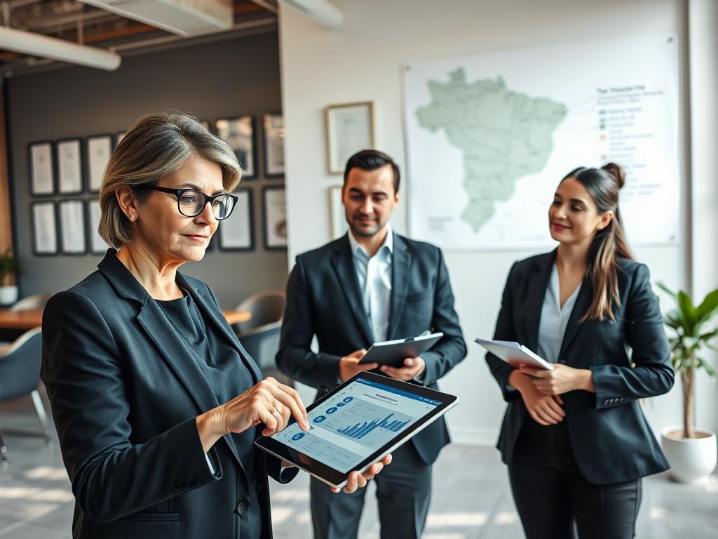 A modern office setting in a stylish urban space, featuring a diverse group of professionals in business attire engaged in a dynamic consulting session. In the foreground, a focused consultant, a middle-aged woman with glasses, is pointing at a digital tablet displaying health service options. In the middle, a mid-30s male consultant with a thoughtful expression is taking notes, while a young woman in a smart blazer listens intently. The background shows a wall with framed certificates and a map of Brazil highlighting top hospitals and medical centers. Soft natural lighting filters through large windows, creating a warm and inviting atmosphere. The mood is collaborative and professional, emphasizing the theme of regional consulting support for healthcare plans. A modern office setting in a stylish urban space, featuring a diverse group of professionals in business attire engaged in a dynamic consulting session. In the foreground, a focused consultant, a middle-aged woman with glasses, is pointing at a digital tablet displaying health service options. In the middle, a mid-30s male consultant with a thoughtful expression is taking notes, while a young woman in a smart blazer listens intently. The background shows a wall with framed certificates and a map of Brazil highlighting top hospitals and medical centers. Soft natural lighting filters through large windows, creating a warm and inviting atmosphere. The mood is collaborative and professional, emphasizing the theme of regional consulting support for healthcare plans.