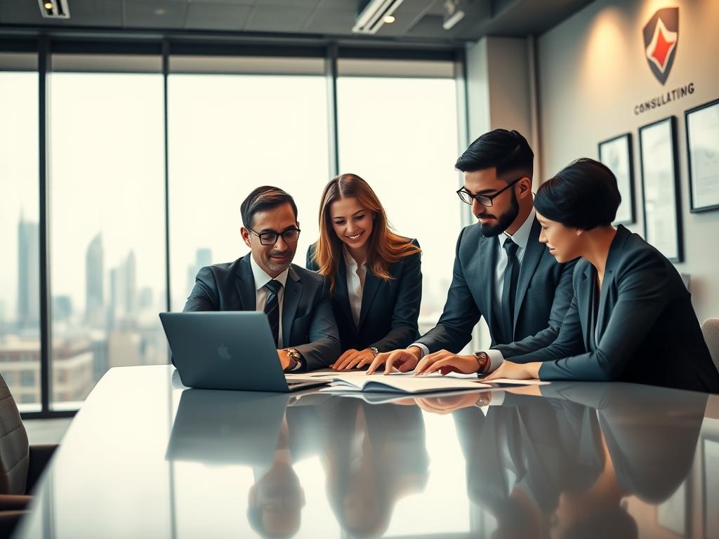 A modern office space with a sleek design showcasing a professional consulting environment. In the foreground, a diverse group of three business professionals, dressed in tailored suits, engaged in a strategic discussion over a laptop and documents on a polished conference table. The middle ground features a large, floor-to-ceiling window that reveals an urban skyline, suggesting success and growth. Soft, natural light filters through, creating a warm, inviting atmosphere. The background showcases a company logo and framed achievements on the walls, emphasizing prestige and excellence in consulting services. The mood is focused and collaborative, reflecting a high level of professionalism and dedication to quality service in corporate consulting.