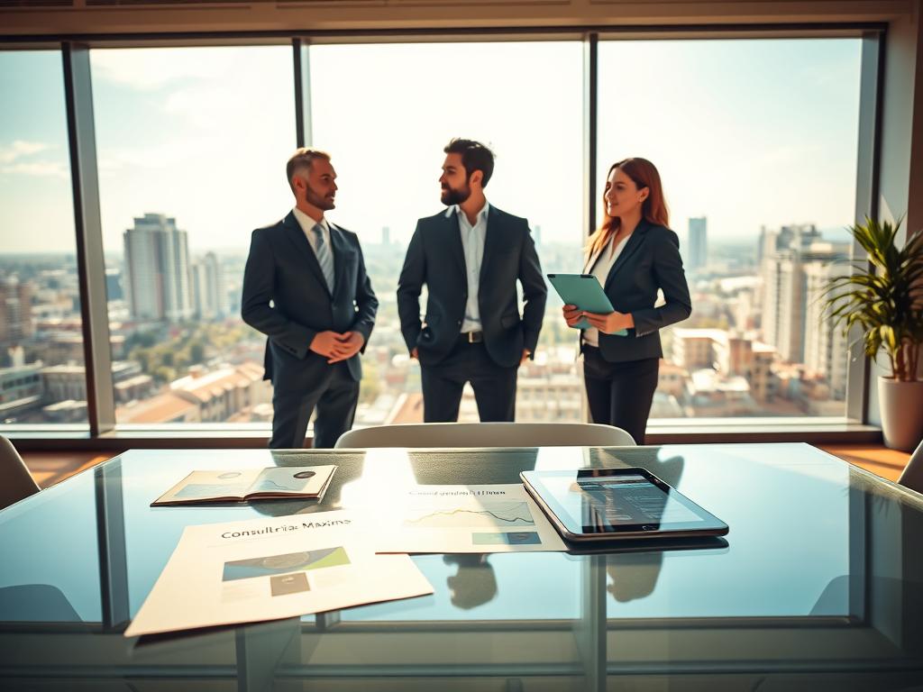 A modern, professional office space showcasing "Consultoria Maximo Saúde Premium" as the focal point. In the foreground, a sleek glass table with business documents and a digital tablet, symbolizing consulting services. In the middle ground, a diverse group of professionals—two men and two women—dressed in sharp business attire, engaging in a discussion, exuding confidence and collaboration. The background features large windows with a panoramic view of a vibrant city skyline, bathed in warm, natural sunlight. The atmosphere is one of trust, professionalism, and excellence in healthcare consulting. Soft shadows enhance the depth, captured with a wide-angle lens to emphasize the spaciousness and modernity of the office.