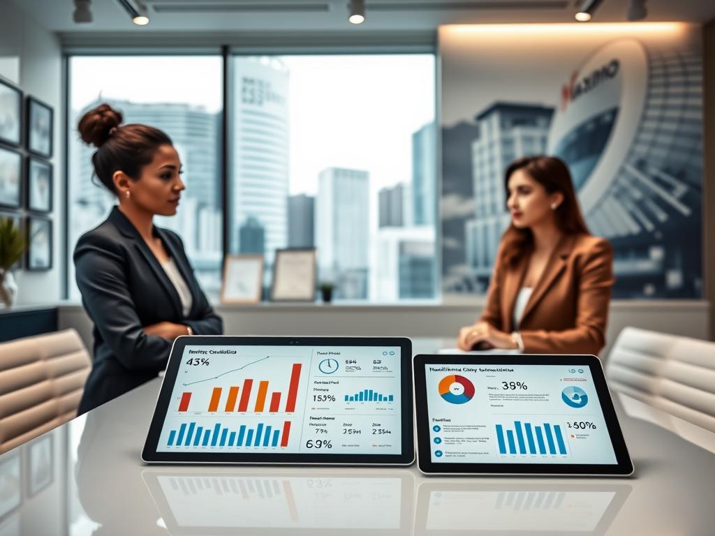 A modern, well-designed office setting showcasing "Maximo Consultoria," featuring a diverse group of three professionals in business attire—one woman of Asian descent, one man of African descent, and one woman of Caucasian descent—engaged in a collaborative discussion around a sleek conference table. In the foreground, a digital tablet displays graphs and statistics about healthcare benefits and premium consulting services. The middle ground includes professional décor like framed certificates and a large window with natural light flooding the room, creating an inviting atmosphere. The background is an abstract representation of high-quality hospitals and medical facilities, subtly blurred to emphasize the consultants' interaction. The image captures a mood of professionalism and innovation, symbolizing the excellence of Maximo Consultoria's distinctive offerings. A modern, well-designed office setting showcasing "Maximo Consultoria," featuring a diverse group of three professionals in business attire—one woman of Asian descent, one man of African descent, and one woman of Caucasian descent—engaged in a collaborative discussion around a sleek conference table. In the foreground, a digital tablet displays graphs and statistics about healthcare benefits and premium consulting services. The middle ground includes professional décor like framed certificates and a large window with natural light flooding the room, creating an inviting atmosphere. The background is an abstract representation of high-quality hospitals and medical facilities, subtly blurred to emphasize the consultants' interaction. The image captures a mood of professionalism and innovation, symbolizing the excellence of Maximo Consultoria's distinctive offerings.
