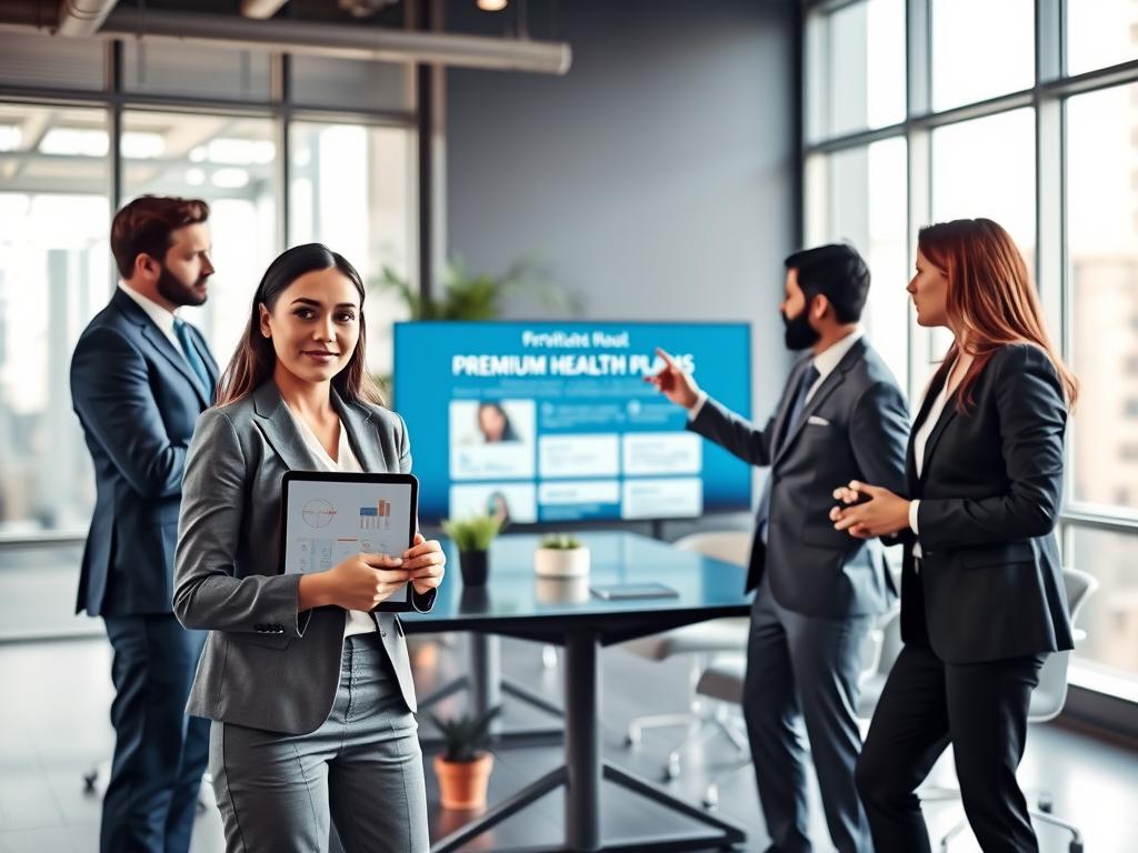 A professional, modern office setting depicting a diverse group of business professionals in smart business attire engaging in discussion about premium health plans. In the foreground, a confident woman holds a tablet displaying medical information, while a man gestures towards a digital presentation showcasing the benefits of top hospitals and medical centers in Brazil. The middle ground features a sleek conference table and contemporary decor, with potted plants adding a touch of nature. In the background, large windows allow soft, natural light to fill the space, enhancing the atmosphere of professionalism and commitment. The overall mood conveys trust, expertise, and a focus on high-quality healthcare solutions for businesses. A professional, modern office setting depicting a diverse group of business professionals in smart business attire engaging in discussion about premium health plans. In the foreground, a confident woman holds a tablet displaying medical information, while a man gestures towards a digital presentation showcasing the benefits of top hospitals and medical centers in Brazil. The middle ground features a sleek conference table and contemporary decor, with potted plants adding a touch of nature. In the background, large windows allow soft, natural light to fill the space, enhancing the atmosphere of professionalism and commitment. The overall mood conveys trust, expertise, and a focus on high-quality healthcare solutions for businesses.