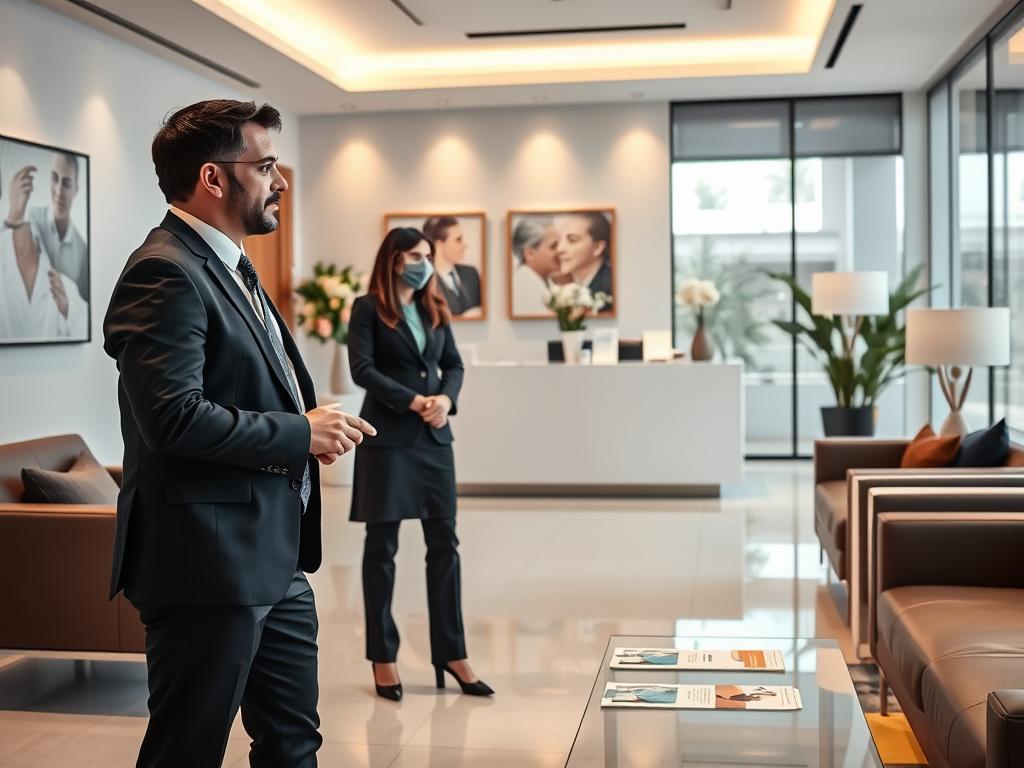 A professional office setting at Maximo Consultoria e Atendimento Premium, showcasing a modern reception area with sleek furniture and a welcoming ambiance. In the foreground, a well-dressed consultant, wearing a smart business suit, is engaging with a client, both appearing attentive and engaged in conversation. The middle ground features an elegant reception desk adorned with fresh flowers and brochures about premium healthcare services. The background includes tasteful artwork and large windows, allowing natural light to filter in, creating a bright and inviting atmosphere. Soft, warm lighting enhances the professionalism and comfort of the space, while the camera angle captures an inviting perspective, emphasizing the premium quality of service.