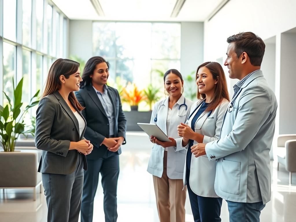 A serene and inviting scene showcasing a modern healthcare facility representing "Sulamérica Saúde" in Embu-Guaçu. In the foreground, a diverse group of four professionals in smart business attire—two women and two men—are engaging in a friendly discussion, looking at a digital tablet. Their expressions convey a sense of trust and professionalism. The middle ground includes an elegantly designed reception area with sophisticated decor and indoor plants, indicating a welcoming atmosphere. In the background, large windows reveal a sunny day, with vibrant greenery outside. Soft, natural lighting floods the space, creating a warm and approachable ambiance. The overall mood is one of reassurance, highlighting the quality of medical services available. A serene and inviting scene showcasing a modern healthcare facility representing "Sulamérica Saúde" in Embu-Guaçu. In the foreground, a diverse group of four professionals in smart business attire—two women and two men—are engaging in a friendly discussion, looking at a digital tablet. Their expressions convey a sense of trust and professionalism. The middle ground includes an elegantly designed reception area with sophisticated decor and indoor plants, indicating a welcoming atmosphere. In the background, large windows reveal a sunny day, with vibrant greenery outside. Soft, natural lighting floods the space, creating a warm and approachable ambiance. The overall mood is one of reassurance, highlighting the quality of medical services available.