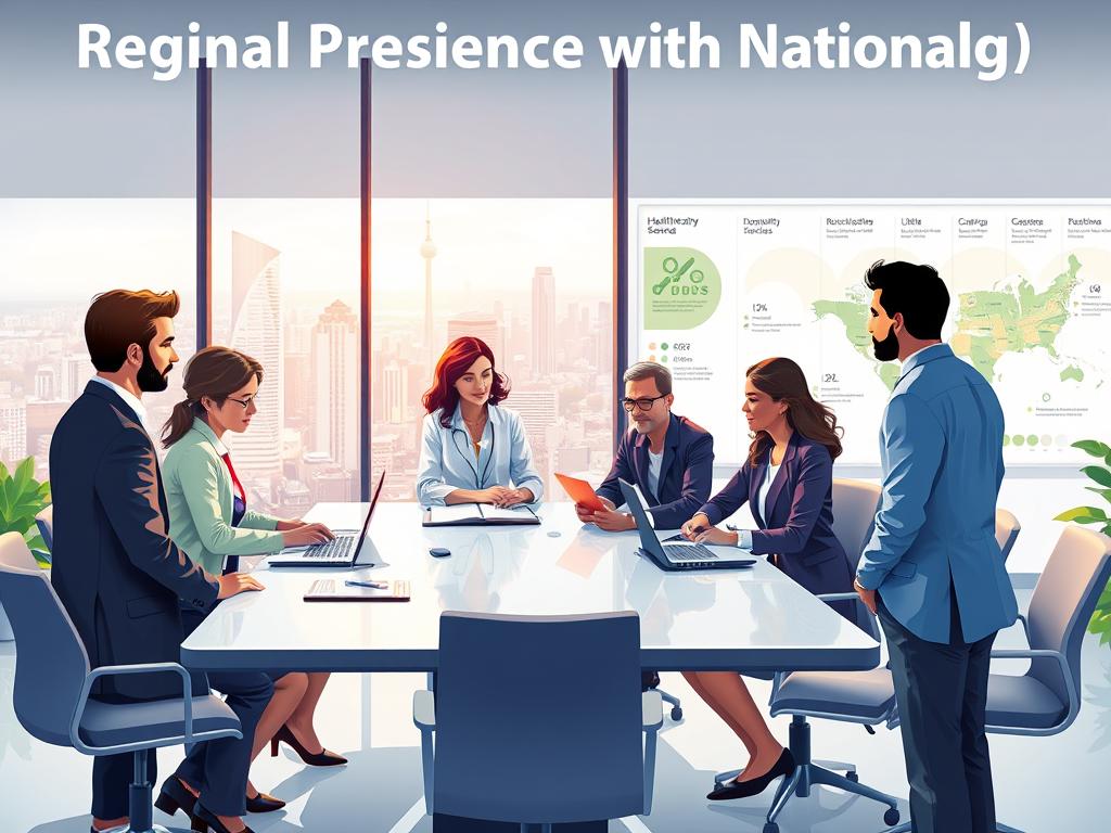 A vibrant illustration depicting a professional consulting scenario in a modern office setting, symbolizing "Regional Presence with National Coverage". In the foreground, a diverse group of business professionals, dressed in smart business attire, discusses healthcare options around a sleek conference table, with documents and laptops open. In the middle ground, large windows reveal a panoramic cityscape, showcasing urban and rural elements representing national reach. The background features infographics on health services, subtly blending into a wall of maps outlining different regions, illustrating the extensive network of hospitals, laboratories, and medical centers across the country. Natural lighting floods the space, creating a bright, optimistic atmosphere, hinting at collaboration and comprehensive healthcare solutions.