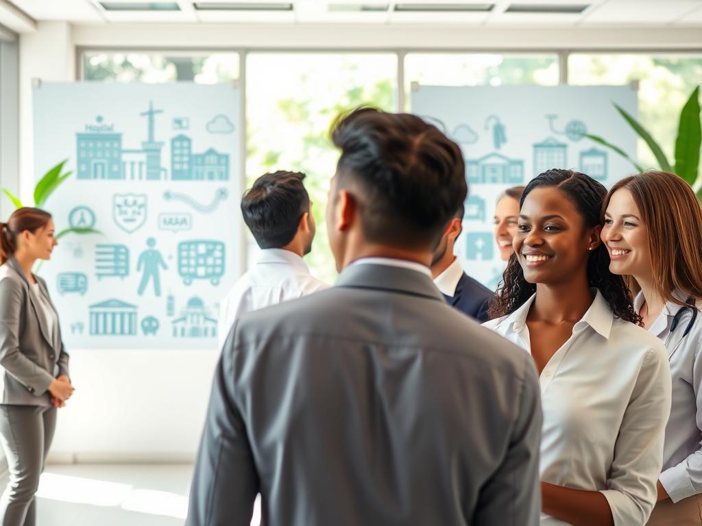A vibrant, professional scene showcasing the benefits of SulAmérica Saúde in Cotia. In the foreground, a diverse group of men and women in business attire are engaged in a discussion, highlighting the importance of healthcare options. The middle ground features an inviting modern office environment with a large window displaying a sunny day outside. On the walls, visual representations of healthcare services like hospitals, laboratories, and medical centers are illustrated. The background includes greenery, symbolizing the welcoming atmosphere of Cotia. Soft, natural lighting fills the scene, creating a warm and professional ambiance. The mood is optimistic, demonstrating a commitment to quality healthcare access in a vibrant community.