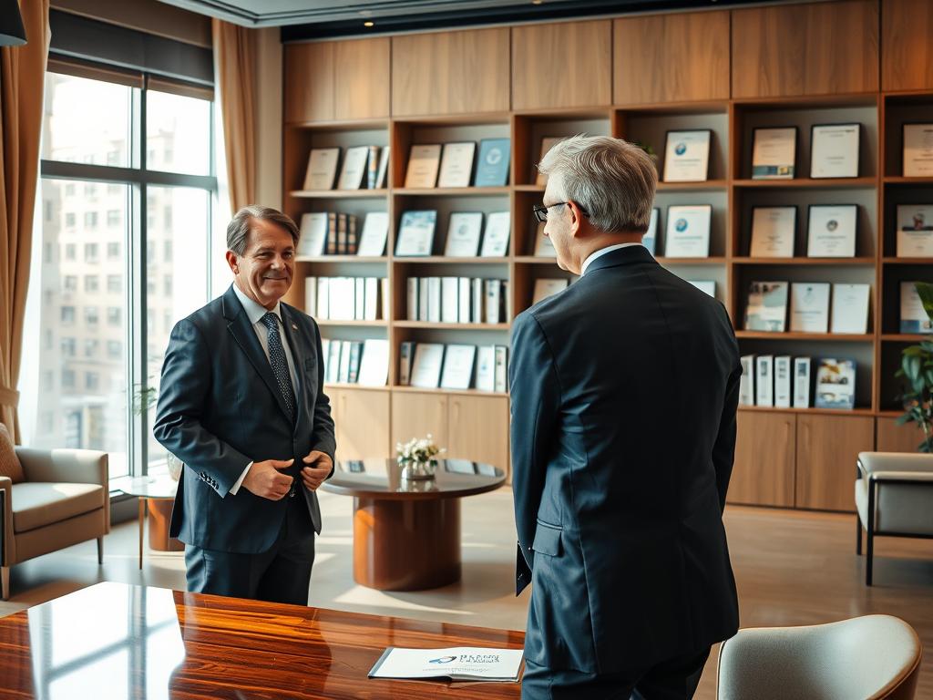 Create a sophisticated scene depicting a Premium Service and Specialized Consultancy environment. In the foreground, showcase a well-dressed professional consultant engaging with a client in an elegant office setting. The consultant, a middle-aged individual wearing a tailored suit, should have a welcoming demeanor, while the client, dressed in smart casual attire, appears engaged and thoughtful. In the middle, include modern furniture, a polished wooden table, and a large window with soft natural light filtering in, creating a warm and inviting atmosphere. In the background, display shelves filled with medical literature and certificates, emphasizing expertise. The overall lighting should be bright and airy, conveying a sense of professionalism, trust, and high-quality service.