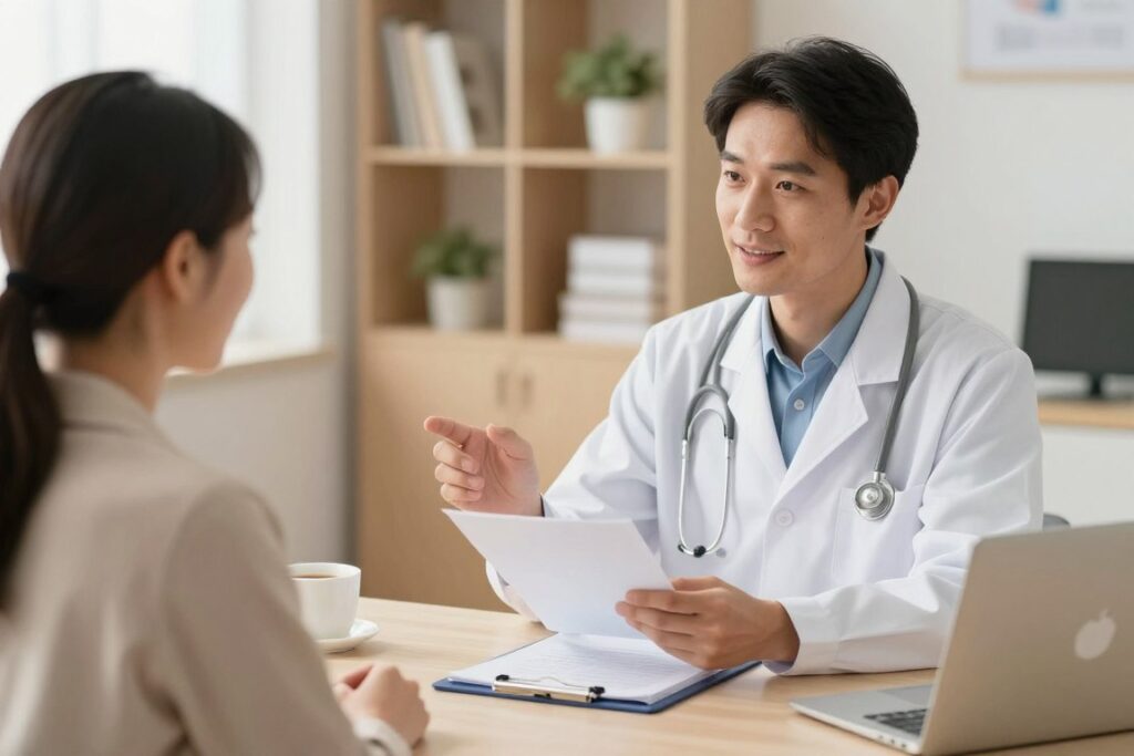 médico explicando cobertura do plano saúde para cliente
