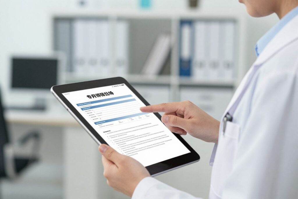 profissional consultando detalhes do plano saúde em tablet moderno