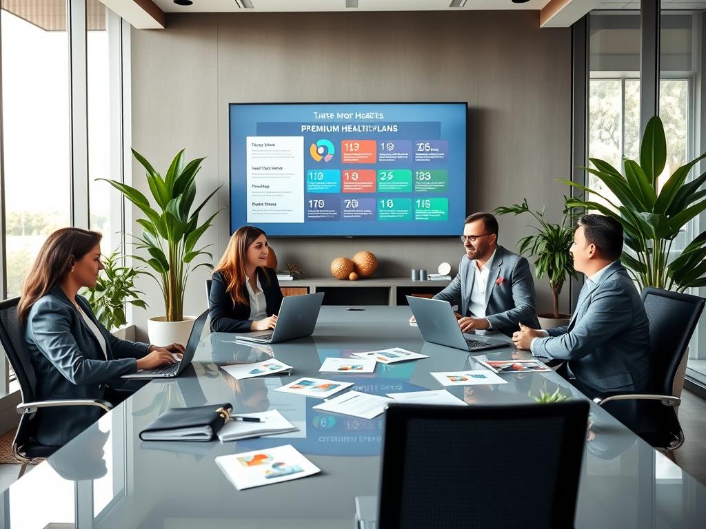 A luxury consulting office space, showcasing a modern and professional atmosphere. In the foreground, a diverse group of three business professionals dressed in smart casual attire is engaged in a discussion around a sleek conference table, with laptops and health plan brochures scattered about. The middle ground features a large wall-mounted screen displaying an infographic about premium health plans, while lush potted plants add a touch of warmth to the environment. The background consists of large windows allowing natural light to flood the room, creating an inviting and transparent feel. The lighting is soft yet bright, emphasizing a collaborative mood. The overall composition conveys excellence and premium service in health insurance consultancy.