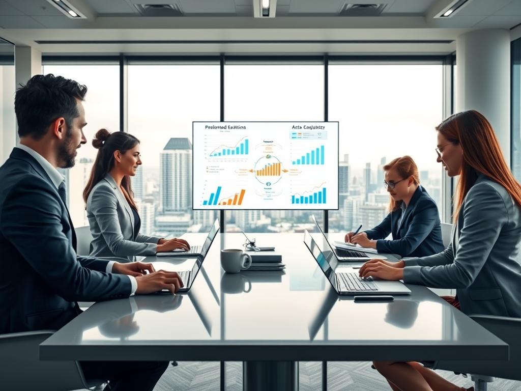 A modern consulting office setting showcasing the theme of personalized analysis and consulting. In the foreground, a diverse group of professionals in business attire collaborates around a sleek conference table, analyzing charts and data on laptops and documents. The middle ground features a digital screen displaying graphs and statistics, emphasizing tailored healthcare solutions. Soft, diffused lighting creates an inviting atmosphere, while large windows in the background reveal a cityscape, symbolizing progress and opportunity. The overall mood is one of professionalism, innovation, and focus on personalized care, highlighting the unique advantages of consulting in healthcare.