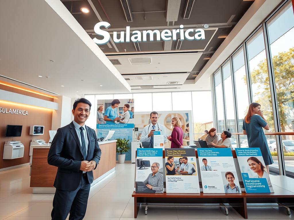 A modern healthcare facility in Itapevi representing "Sulamérica Saúde," showcasing the premium services offered. In the foreground, a friendly, professional healthcare provider in business attire is interacting with a patient, emphasizing a warm and welcoming atmosphere. In the middle, a high-tech reception area with sleek design elements, featuring advanced medical equipment, and brochures highlighting the best hospitals and laboratories in the country. The background includes images of engaged patients accessing various premium services and a large window revealing a sunny day outside, enhancing the sense of comfort and trust. Soft, natural lighting creates an inviting mood, and the angle captures an immersive view, making the viewer feel part of the experience.