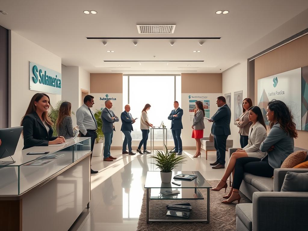 A modern, inviting office setting for Sulamérica Saúde in Mogi das Cruzes, featuring a well-lit reception area with sleek furniture and a welcoming atmosphere. The foreground showcases a friendly receptionist in professional attire, engaging with a diverse range of customers, all dressed in business casual clothing. In the middle ground, soft natural light streams through large windows, illuminating a meeting space where a diverse team of consultants from Maximo Consultoria discuss plans. The background includes branding elements of Sulamérica Saúde, with logos and health-related imagery on the walls. The mood is professional yet approachable, emphasizing collaboration and the high-quality healthcare services available in Brazil. Use a wide-angle lens to capture the depth of the office space, ensuring bright, balanced lighting throughout the scene.