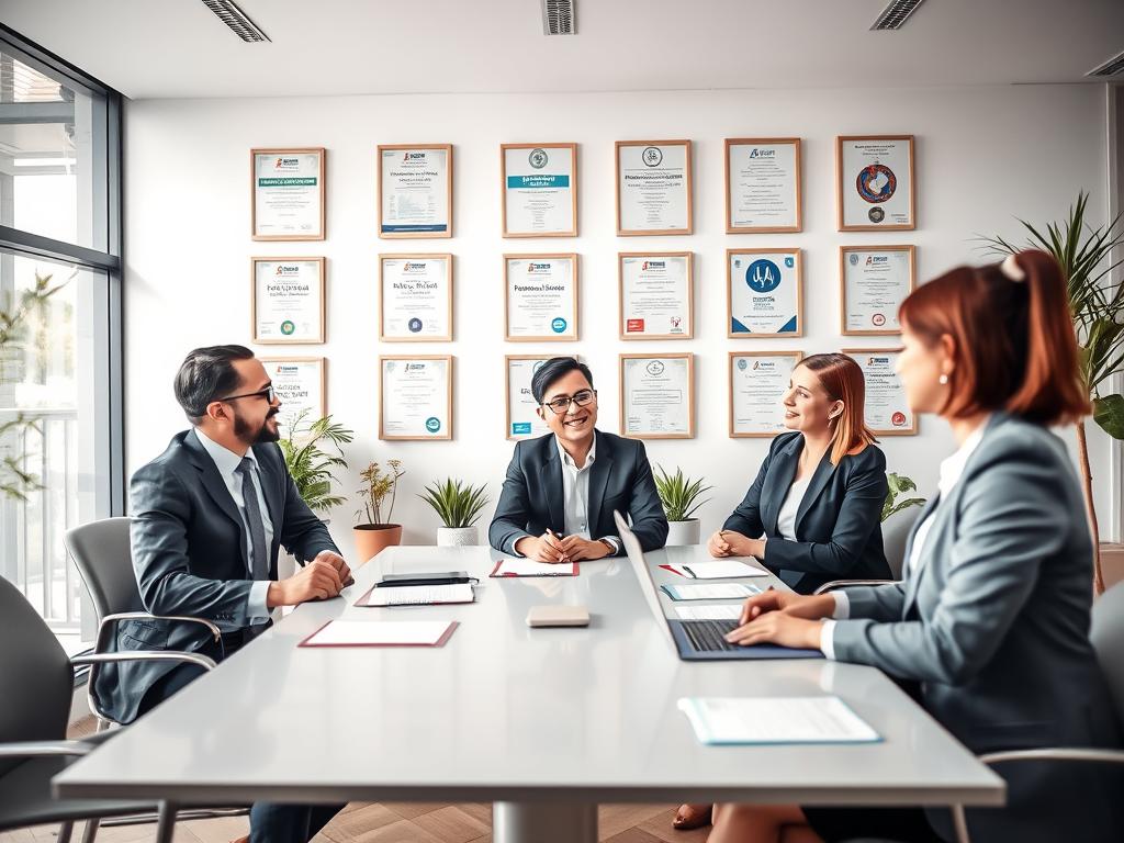 A modern, professional consultation office setting, showcasing "Consultoria Premium Atendimento 24 Horas." In the foreground, a diverse group of three professionals in business attire, engaged in a friendly discussion over a sleek conference table with notebooks and a laptop open, embodying an atmosphere of collaboration and expertise. In the middle ground, a wall adorned with framed certificates and logos of prestigious hospitals and medical centers in Brazil, subtly indicating high-quality service. The background features large windows allowing natural light to flood the room, complemented by potted plants that add a touch of warmth and professionalism. The overall mood is welcoming and reassuring, emphasizing trust and excellence in healthcare consultation services. Focus on soft, even lighting to enhance the clarity of the scene, captured from a slightly elevated angle to provide depth.