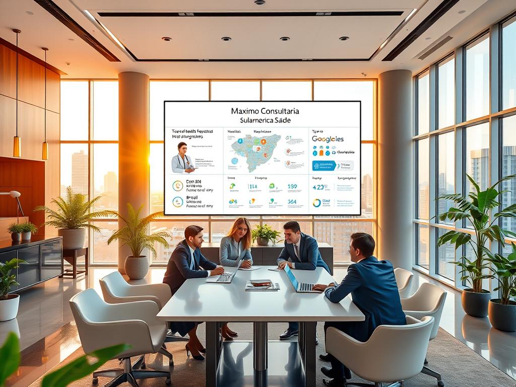 A modern, professional office environment representing "Maximo Consultoria Sulamérica Saúde" in Mauá Premium, showcasing a welcoming reception area with elegant furniture and vibrant greenery. In the foreground, a diverse team of consultants in business attire collaborates around a sleek conference table, discussing strategies with enthusiasm. The middle layer features a large screen displaying health service graphics and infographics about top hospitals and medical centers in Brazil. The background includes panoramic windows revealing a cityscape, bathed in warm afternoon light, creating a positive and optimistic atmosphere. The scene should convey professionalism, trust, and high-quality service, emphasizing the unique benefits of the consultation and healthcare services offered. A modern, professional office environment representing "Maximo Consultoria Sulamérica Saúde" in Mauá Premium, showcasing a welcoming reception area with elegant furniture and vibrant greenery. In the foreground, a diverse team of consultants in business attire collaborates around a sleek conference table, discussing strategies with enthusiasm. The middle layer features a large screen displaying health service graphics and infographics about top hospitals and medical centers in Brazil. The background includes panoramic windows revealing a cityscape, bathed in warm afternoon light, creating a positive and optimistic atmosphere. The scene should convey professionalism, trust, and high-quality service, emphasizing the unique benefits of the consultation and healthcare services offered.