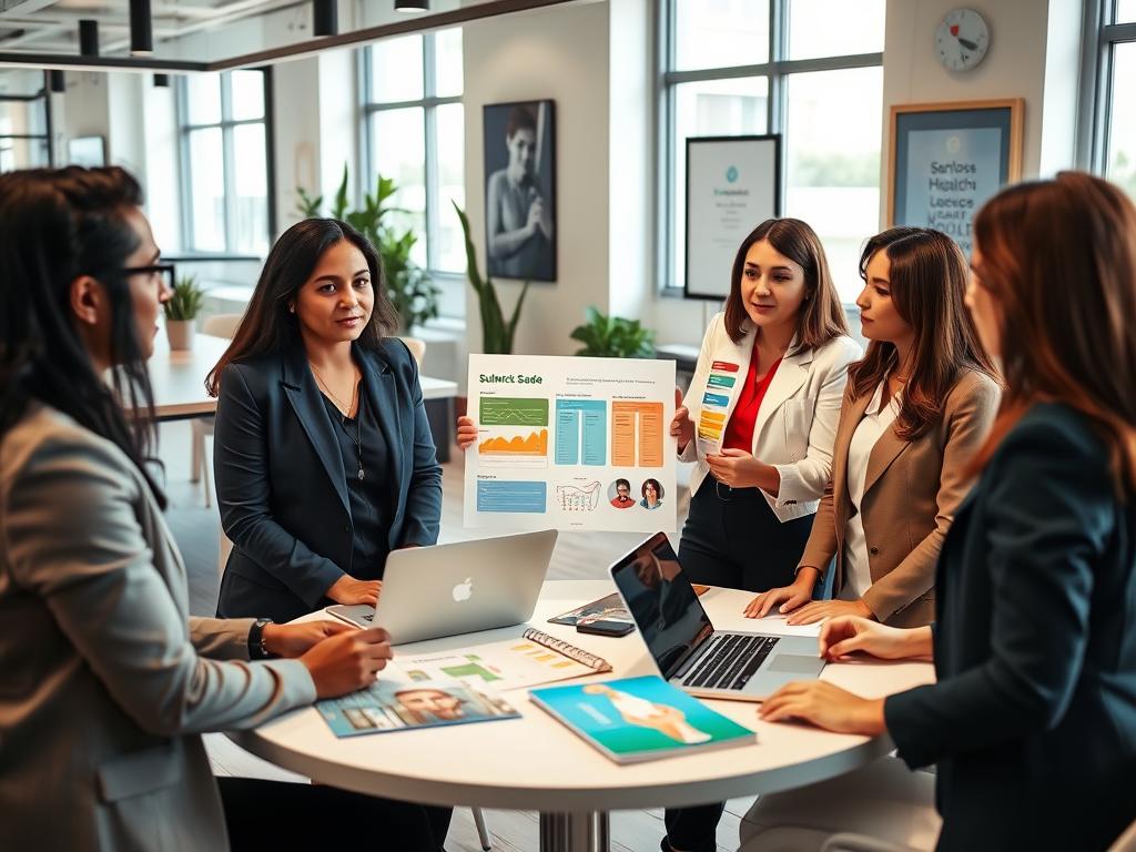 A modern, professional office scene depicting a diverse group of small business owners, each dressed in smart casual attire, engaging in a discussion about premium health plans. In the foreground, a confident businesswoman presents colorful charts and materials highlighting the benefits of top healthcare providers. The middle ground showcases a round table with laptops, documents, and brochures about Sulamérica Saúde. Soft, natural lighting filters through large windows, creating a bright and inviting atmosphere. In the background, a stylish office space features contemporary decor, potted plants, and inspirational artwork. The overall mood is collaborative and optimistic, emphasizing the pursuit of quality healthcare options for micro-enterprises and small businesses in Brazil. A modern, professional office scene depicting a diverse group of small business owners, each dressed in smart casual attire, engaging in a discussion about premium health plans. In the foreground, a confident businesswoman presents colorful charts and materials highlighting the benefits of top healthcare providers. The middle ground showcases a round table with laptops, documents, and brochures about Sulamérica Saúde. Soft, natural lighting filters through large windows, creating a bright and inviting atmosphere. In the background, a stylish office space features contemporary decor, potted plants, and inspirational artwork. The overall mood is collaborative and optimistic, emphasizing the pursuit of quality healthcare options for micro-enterprises and small businesses in Brazil.