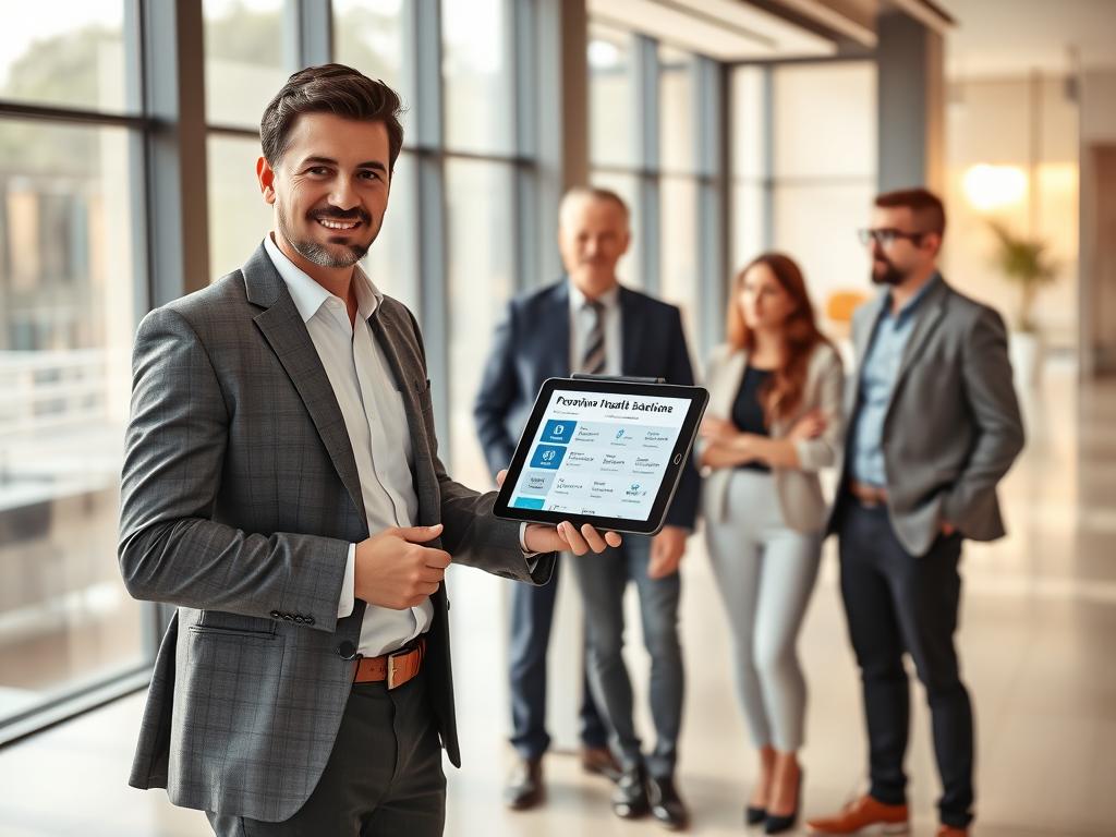 A modern, sleek office environment featuring a professional consultant discussing health plans with a diverse group of clients. In the foreground, a confident consultant dressed in business attire stands, gesturing towards a digital tablet displaying premium healthcare options. In the middle, the group of clients, including a middle-aged couple and a young professional, attentively listen, dressed in smart casual clothes. The background showcases a stylish office with large windows, allowing natural light to pour in, illuminating the space with a warm and inviting atmosphere. The scene conveys trust, expertise, and comfort, highlighting Maximo Consultoria's commitment to offering the best medical facilities in the country. Capture this moment with a soft focus to enhance the warm mood, while emphasizing the engagement between the consultant and clients.