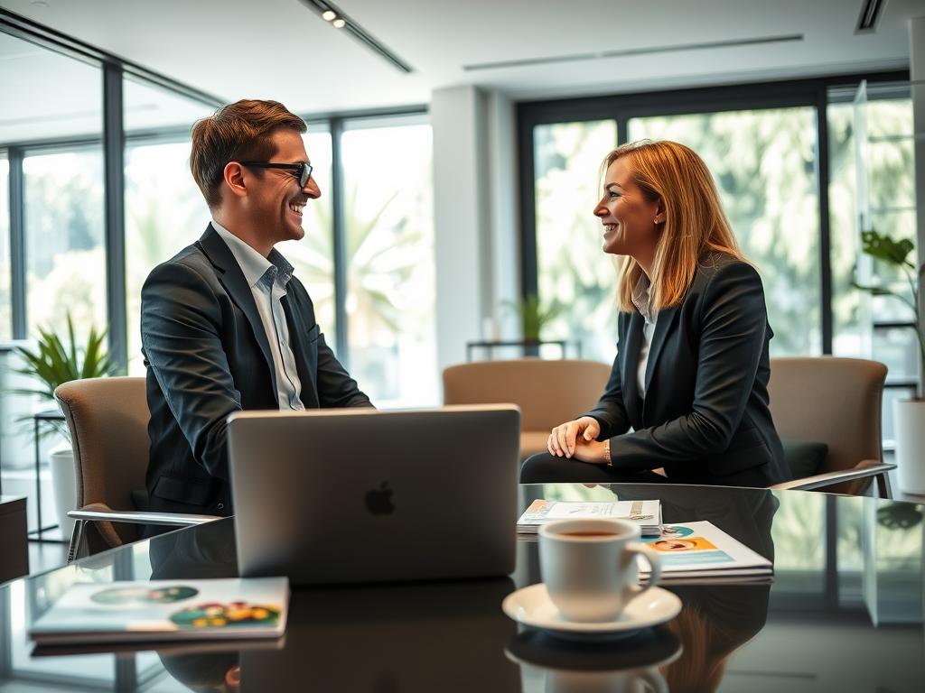 A modern, welcoming office setting depicting a personalized consulting session at Maximo Consultoria. In the foreground, a professional consultant in business attire is engaged in a pleasant discussion with a client, showcasing attentive listening and support. The middle ground features a stylish desk with a laptop, various health brochures, and a cup of coffee, symbolizing a comfortable consulting environment. The background reveals a sleek, well-lit office with large windows offering a view of greenery outside, contributing to a calm, inviting atmosphere. Bright yet soft lighting emphasizes the warmth and professionalism of the space, creating a mood of trust and confidence. The angle captures the interaction from a slightly lowered viewpoint, enhancing relatability and connection between the consultant and client.