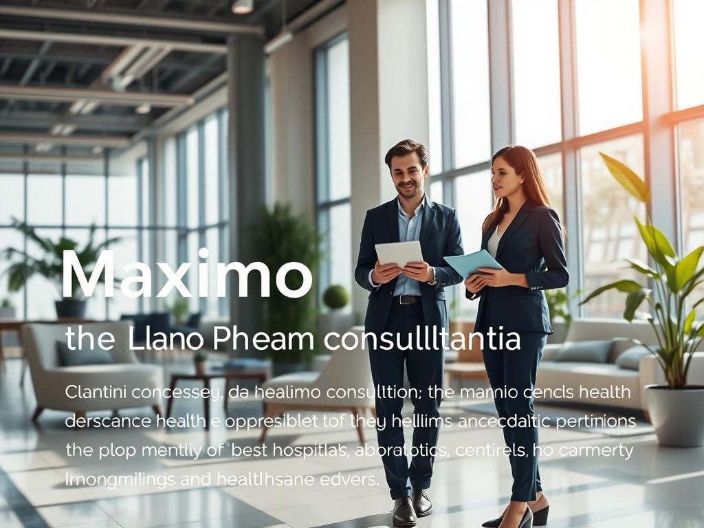 A professional and elegant representation of the "Plano Premium da Maximo Consultoria," showcasing a modern healthcare environment. In the foreground, display a well-dressed male and female consultant discussing a health plan, with digital tablets in hand, conveying professionalism. The middle ground features a stylish, contemporary office with soft seating and plants, symbolizing comfort and trust in healthcare services. In the background, large windows reveal a bright, sunny day outside, enhancing the positivity of the scene. The lighting should be natural, brightening the office space while casting soft shadows. The overall atmosphere should be welcoming and informative, reflecting the high quality and accessibility of premium health services offered by Maximo Consultoria, emphasizing the best hospitals, laboratories, and medical centers in the country.