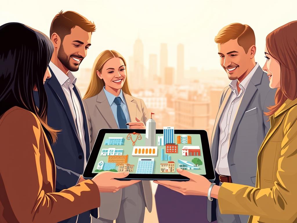 A professional and inviting illustration showcasing an overview of Premium Health Plans. In the foreground, a diverse group of well-dressed individuals discussing health options around a sleek, modern tablet displaying hospital and medical center images. In the middle ground, visualize a variety of top-tier hospitals, laboratories, and medical centers as vivid icons, symbolizing high-quality healthcare. The background should feature a soft-focus skyline of a city, representing accessible healthcare in urban environments. Bright, warm lighting should illuminate the scene, creating an optimistic and professional atmosphere. The angle should be slightly elevated, capturing the engagement and excitement of individuals exploring premium health benefits, without any text or distractions.