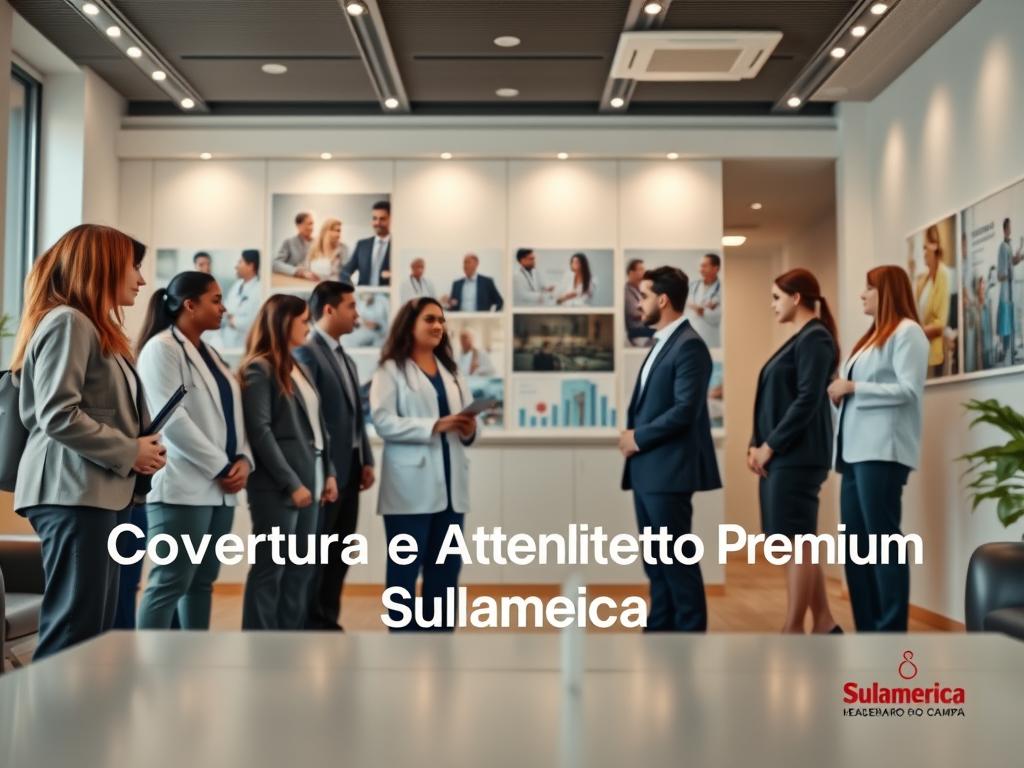 A professional and welcoming healthcare scene focusing on "Cobertura e Atendimento Premium Sulamérica Saúde." In the foreground, depict a diverse group of well-dressed professionals discussing health options, illustrating collaboration and care. In the middle, feature a modern, well-lit medical office with sleek furnishings and informational brochures about healthcare services. In the background, show images of high-quality hospitals and advanced medical facilities, conveying a sense of trust and excellence. Use natural lighting to create a warm and inviting atmosphere, emphasizing professionalism and compassion. The camera angle should be slightly tilted downwards to capture the interaction while showcasing the environment, creating a sense of depth and engagement. The overall mood should be inspiring and reassuring, highlighting the premium healthcare offerings of Sulamérica Saúde in São Bernardo do Campo.