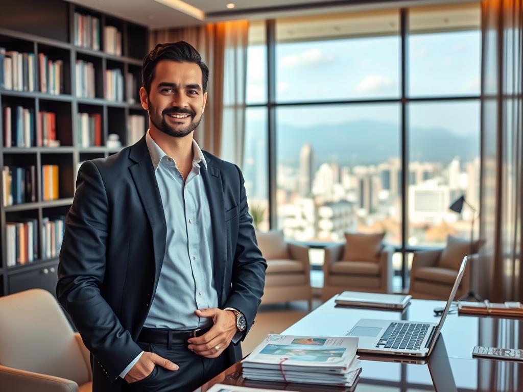 A professional business consultant, dressed in smart attire, stands confidently in an elegant office setting, highlighting expertise in premium health insurance plans. In the foreground, a sleek desk features various health plan brochures and a laptop. The middle ground reveals a large window showcasing a vibrant cityscape of Santo André, symbolizing accessibility to top-tier hospitals and medical centers. The background includes a sophisticated bookshelf filled with medical literature. Soft, warm lighting creates an inviting atmosphere, while the camera angle focuses on the consultant’s engaging expression, reflecting trust and professionalism. The overall mood is one of assurance and excellence in health care consultancy.