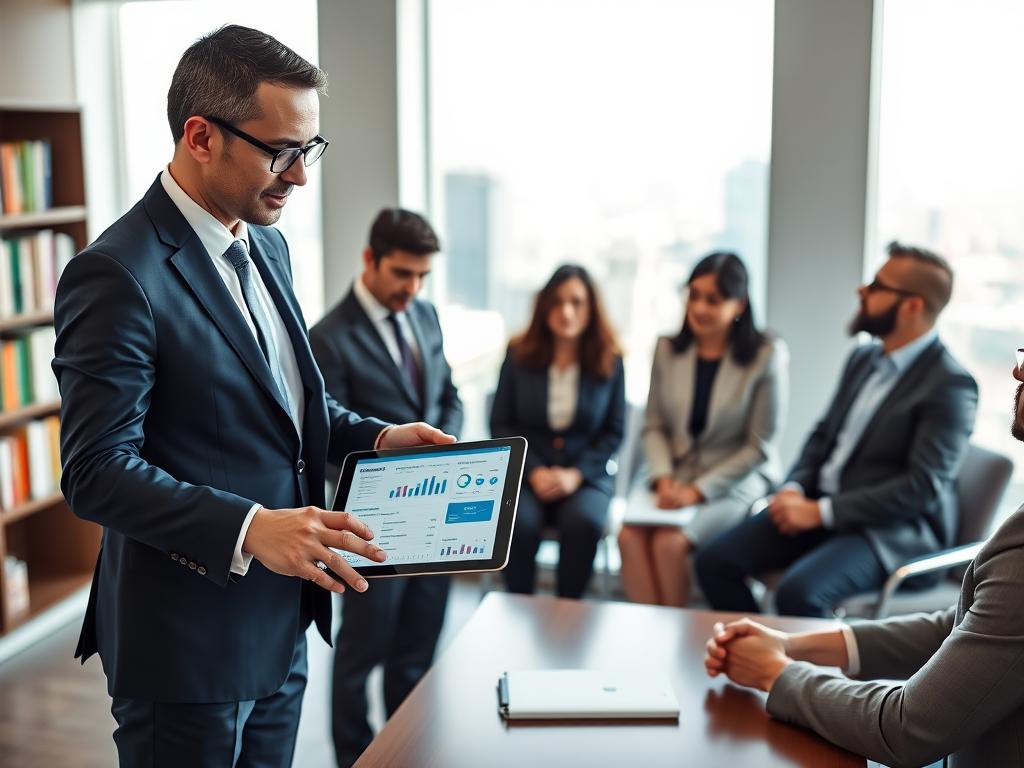 A professional business consultation scene depicting a meeting between a consultant from Maximo Consultoria and clients discussing healthcare solutions with Sulamérica Saúde. In the foreground, the consultant, dressed in a tailored navy suit and glasses, gestures toward a digital tablet displaying healthcare data. The clients, a diverse group in business attire, attentively listen. The middle ground shows a sleek modern office with a large window overlooking the cityscape of Guarulhos, with soft, natural light bathing the room. In the background, shelves are lined with health and wellness books. The atmosphere is focused and informative, exuding professionalism and expertise in premium healthcare consulting. Use a soft-focus lens effect to convey a sense of clarity and depth in the presentation. A professional business consultation scene depicting a meeting between a consultant from Maximo Consultoria and clients discussing healthcare solutions with Sulamérica Saúde. In the foreground, the consultant, dressed in a tailored navy suit and glasses, gestures toward a digital tablet displaying healthcare data. The clients, a diverse group in business attire, attentively listen. The middle ground shows a sleek modern office with a large window overlooking the cityscape of Guarulhos, with soft, natural light bathing the room. In the background, shelves are lined with health and wellness books. The atmosphere is focused and informative, exuding professionalism and expertise in premium healthcare consulting. Use a soft-focus lens effect to convey a sense of clarity and depth in the presentation.
