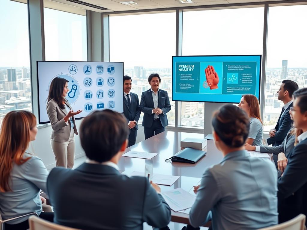 A professional business meeting taking place in a modern office, showcasing a diverse group of people in business attire discussing the benefits of premium health plans. In the foreground, a well-dressed woman gestures towards a digital presentation on a sleek screen displaying icons of hospitals, laboratories, and medical centers. In the middle, a large conference table with documents and health plan brochures, surrounded by engaged attendees. The background features large windows with a panoramic view of São Caetano do Sul's skyline, bright daylight illuminating the room. The atmosphere is professional and inspiring, reflecting trust and quality, with a focus on health and well-being.