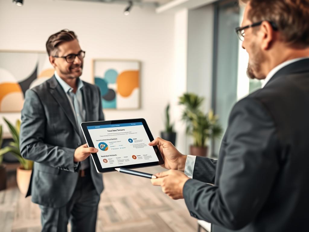 A professional consultant in a modern office setting, discussing healthcare options with a small business owner. The foreground features a well-dressed consultant, holding a tablet, displaying healthcare resources and benefits, wearing a tailored suit. In the middle ground, the small business owner, dressed in smart casual attire, attentively listens while taking notes. The background shows a sleek, contemporary office décor with abstract health-themed artwork, plants, and a large window letting in warm, natural light. The mood is focused and optimistic, conveying a sense of professionalism and reliability. The lighting is soft, providing a welcoming atmosphere, with a focus on the interaction between the two individuals.