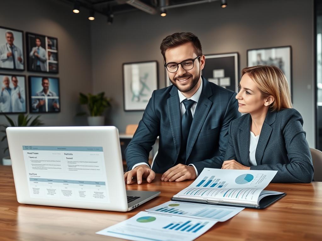 A professional consultant in a modern office setting, showcasing expertise in premium health insurance plans. In the foreground, a confident consultant in a tailored business suit, attentively discussing with a client, both seated at a sleek wooden table. The middle layer includes an open laptop displaying health plan options and documents dotted with graphs showcasing benefits. The background reveals a well-lit, contemporary office adorned with healthcare-related décor, including framed images of top hospitals and laboratories. The atmosphere is professional and inviting, with soft, warm lighting accentuating the scene. A wide-angle perspective captures the environment, highlighting the collaborative nature of the consultation. The mood is focused and optimistic, emphasizing high-quality service in premium healthcare solutions.