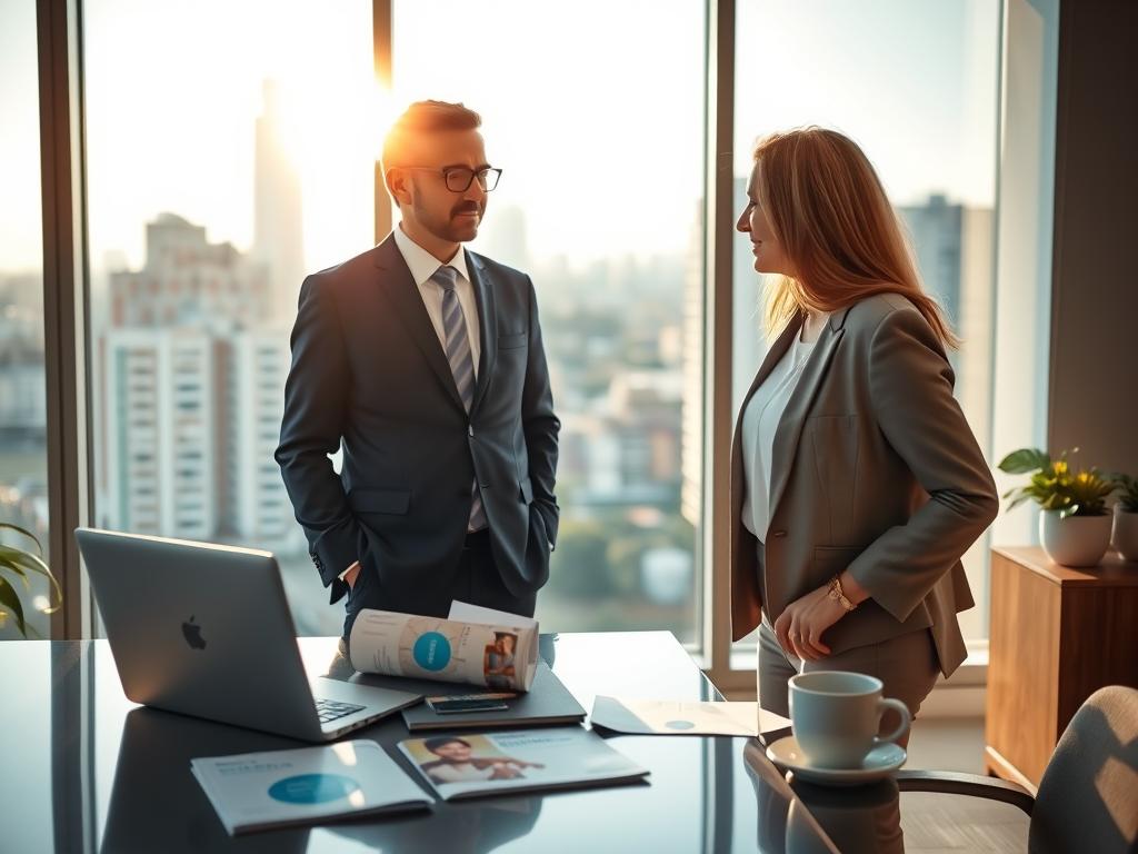 A professional consultant in business attire, standing confidently in an office environment, discussing healthcare options with a client. The foreground features a modern desk with a laptop, healthcare brochures, and a cup of coffee. In the middle ground, a backdrop of a large window reveals a view of Jandira's skyline, bathed in natural light, suggesting a sunny day. The consultant and client are engaged in a serious yet friendly conversation, reflecting the premium nature of Sulamérica Saúde services. The atmosphere is warm and inviting, hinting at professionalism and trust. Use a shallow depth of field to focus on the interaction, creating a sense of intimacy. The colors are bright and uplifting, conveying optimism about healthcare choices.