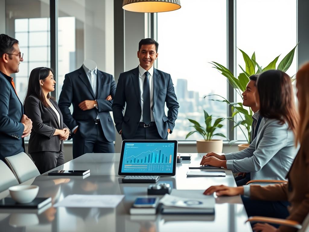 A professional consultant in smart business attire, standing confidently in a modern office environment, discussing premium healthcare services with a diverse group of attentive clients. In the foreground, a sleek conference table with advanced tech devices and a digital tablet displaying healthcare analytics. The middle layer features a large window revealing a city skyline, symbolizing growth and opportunity, while a green plant in the corner adds a touch of warmth. Soft, natural lighting filters through the window, creating an inviting atmosphere. The mood is one of professionalism and trust, representing specialized consulting in healthcare services. Focus on clean lines and an organized workspace, embodying the essence of premium service and expert advice.
