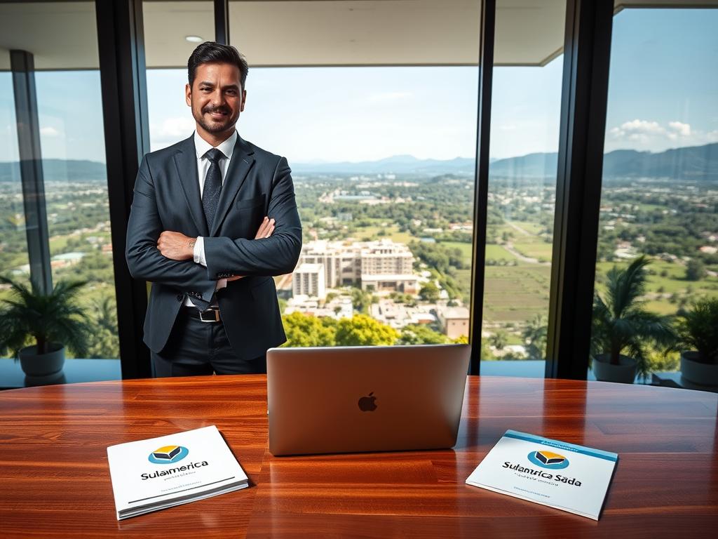 A professional consultant in smart business attire stands confidently in a well-lit office environment, representing "Maximo Consultoria." The foreground features a polished wooden desk with a laptop and medical brochures displaying logos of "Sulamérica Saúde." In the middle ground, a modern cityscape of Rio Grande da Serra is visible through large glass windows, emphasizing the area's connection to the best hospitals and medical facilities in the country. The background highlights lush greenery and distant mountains, creating a serene atmosphere. The lighting is bright and welcoming, showcasing the consultant's expertise and professionalism. The image conveys a sense of trust and dedication to health and well-being.