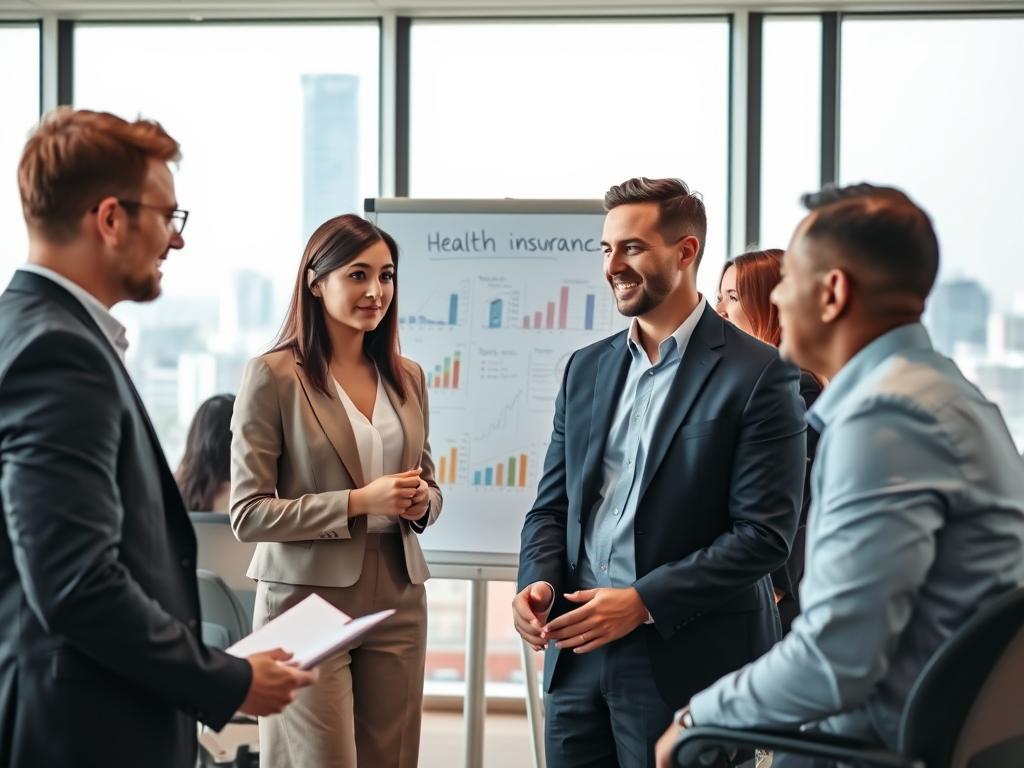 A professional consultation scene featuring a diverse group of business consultants working in a sleek, modern office environment, showcasing the theme of specialized consultancy for Micro and Small Enterprises (MEIs and PMEs). In the foreground, a female consultant in professional business attire engaged in discussion with a male client, highlighting a collaborative atmosphere. In the middle ground, a whiteboard filled with strategic plans and charts representing health insurance solutions and growth strategies. The background shows large windows with natural light flooding in, overlooking a bustling cityscape of Osasco. The mood is focused and optimistic, conveying a sense of professionalism and support. Use wide-angle lens effects to capture depth and a dynamic perspective, with soft lighting enhancing the inviting ambiance. A professional consultation scene featuring a diverse group of business consultants working in a sleek, modern office environment, showcasing the theme of specialized consultancy for Micro and Small Enterprises (MEIs and PMEs). In the foreground, a female consultant in professional business attire engaged in discussion with a male client, highlighting a collaborative atmosphere. In the middle ground, a whiteboard filled with strategic plans and charts representing health insurance solutions and growth strategies. The background shows large windows with natural light flooding in, overlooking a bustling cityscape of Osasco. The mood is focused and optimistic, conveying a sense of professionalism and support. Use wide-angle lens effects to capture depth and a dynamic perspective, with soft lighting enhancing the inviting ambiance.