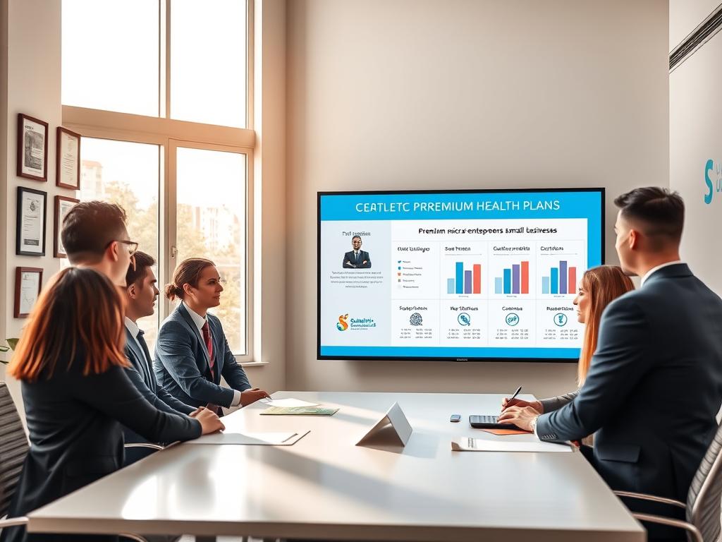 A professional office environment representing "Consultoria Sulamérica Saúde" in Poá. In the foreground, a diverse group of business professionals in smart business attire, engaged in a discussion around a modern conference table. The middle ground features a large screen displaying health plan graphics and charts, emphasizing Premium Health Plans for micro-entrepreneurs and small businesses. Natural light streams through large windows, creating a warm and inviting atmosphere. The background includes framed certifications and a subtle logo of Sulamérica Saúde on the wall. The overall mood is one of professionalism, collaboration, and optimism, highlighting the benefits of access to the best hospitals and medical centers in Brazil.