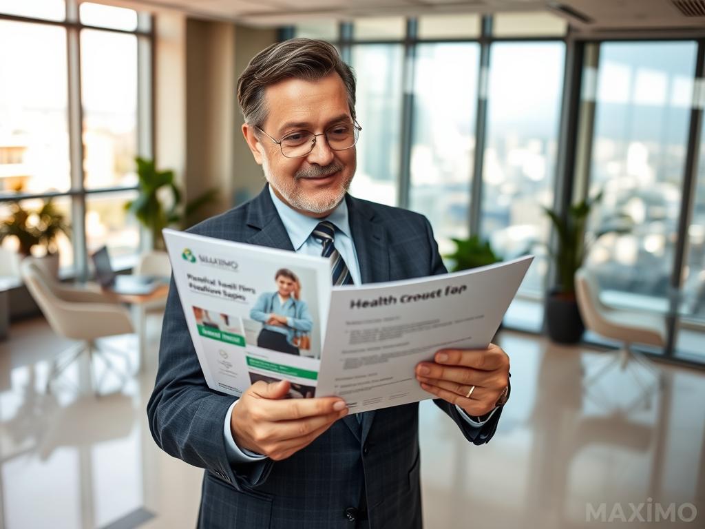 A professional office environment representing Maximo Consultoria Sulamérica Saúde in Mauá Premium. In the foreground, a well-dressed business professional, a middle-aged man, is reviewing health plan documents. In the middle, a sleek modern office filled with health brochures and a laptop showcasing premium healthcare services. The background features floor-to-ceiling windows letting in bright natural light, revealing a view of a vibrant urban landscape. The atmosphere is warm and inviting, with a sense of trust and professionalism. Use soft lighting to highlight the details, capturing a shallow depth of field to focus on the professional and the documents. The overall mood should convey a sense of security and excellence in healthcare. A professional office environment representing Maximo Consultoria Sulamérica Saúde in Mauá Premium. In the foreground, a well-dressed business professional, a middle-aged man, is reviewing health plan documents. In the middle, a sleek modern office filled with health brochures and a laptop showcasing premium healthcare services. The background features floor-to-ceiling windows letting in bright natural light, revealing a view of a vibrant urban landscape. The atmosphere is warm and inviting, with a sense of trust and professionalism. Use soft lighting to highlight the details, capturing a shallow depth of field to focus on the professional and the documents. The overall mood should convey a sense of security and excellence in healthcare.