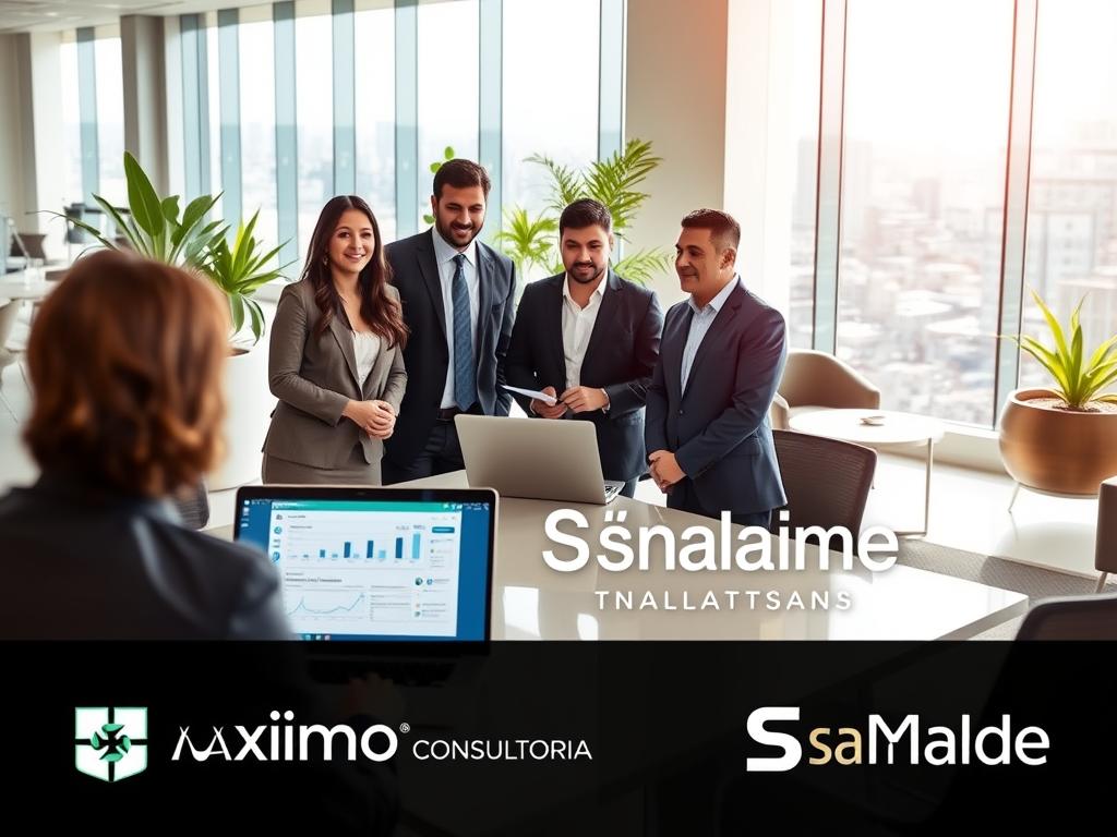A professional office scene showcasing "Maximo Consultoria" and "Sulamérica Saúde" in Santa Isabel. In the foreground, a diverse group of three professionals in business attire engaged in a discussion around a modern conference table, with a laptop displaying healthcare data. In the middle ground, a bright, contemporary office environment featuring glass walls, stylish furniture, and plants, conveying a welcoming atmosphere. The background presents a subtle cityscape through large windows, emphasizing urban professionalism. Soft, natural lighting filters in, creating a warm and inviting mood. The overall composition should evoke trust and expertise in healthcare consultation, while highlighting the partnership between Maximo Consultoria and Sulamérica Saúde. The focus remains on the people and environment, ensuring a clear and professional representation without any distractions.
