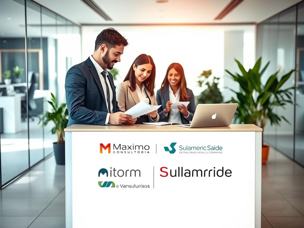 A professional office setting in Ferraz de Vasconcelos, showcasing the modern and welcoming atmosphere of Maximo Consultoria and Sulamérica Saúde. In the foreground, a diverse group of two business professionals, a man and a woman, dressed in smart business attire, discussing over documents. The middle ground features a sleek reception desk adorned with the logos of both organizations. The background displays a contemporary office space with glass walls, bright natural lighting streaming in, and plants adding a touch of greenery. The mood is one of collaboration and expertise, emphasizing health consultancy and high-quality medical services. Capture the ideal angle from slightly above, creating depth and focus on the interaction among the professionals. A professional office setting in Ferraz de Vasconcelos, showcasing the modern and welcoming atmosphere of Maximo Consultoria and Sulamérica Saúde. In the foreground, a diverse group of two business professionals, a man and a woman, dressed in smart business attire, discussing over documents. The middle ground features a sleek reception desk adorned with the logos of both organizations. The background displays a contemporary office space with glass walls, bright natural lighting streaming in, and plants adding a touch of greenery. The mood is one of collaboration and expertise, emphasizing health consultancy and high-quality medical services. Capture the ideal angle from slightly above, creating depth and focus on the interaction among the professionals.