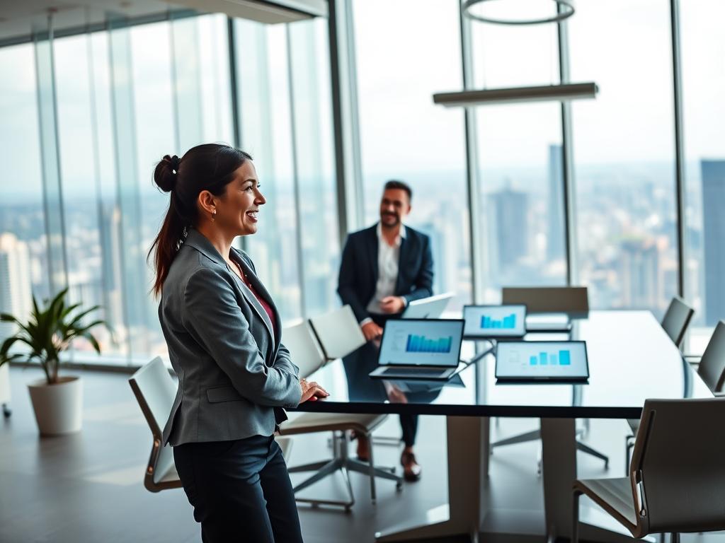 A professional office setting representing "Maximo Consultoria" is depicted in the foreground, featuring a well-dressed businesswoman engaging in a conversation with a client, both smiling and showing rapport. In the middle ground, a sleek conference table with modern technology and digital screens displays charts related to healthcare consulting. In the background, large windows offer a panoramic view of a vibrant cityscape, symbolizing growth and opportunity. Soft, natural lighting floods the room, creating an inviting atmosphere, while the perspective angle focuses on the interaction between the consultant and the client, emphasizing professionalism and trust. The overall mood should convey confidence, innovation, and the excellence offered by Maximo Consultoria in healthcare services.