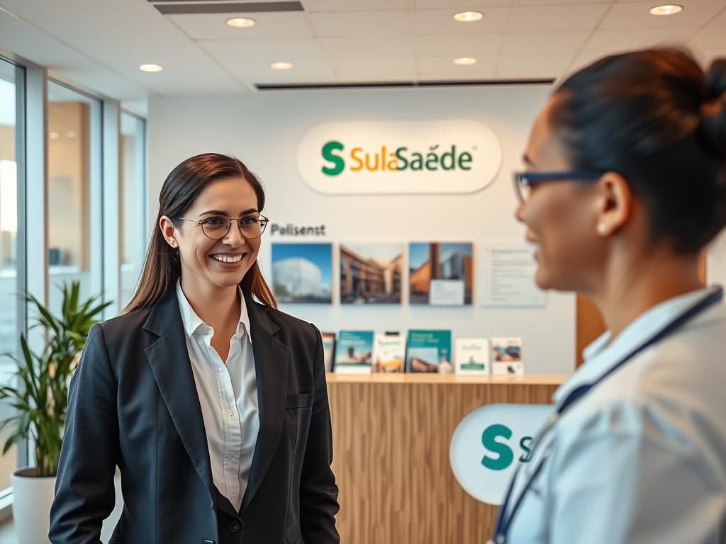 A professional, well-lit medical office space featuring a reception area with branding that subtly incorporates elements of Sulamérica Saúde. In the foreground, a friendly staff member in professional business attire greets a visitor, showcasing a welcoming atmosphere. In the middle, brochures and images of high-quality hospitals, laboratories, and medical centers in Brazil are neatly displayed, representing the extensive network of accredited healthcare providers. The background features a modern, clean design with warm, inviting colors and natural light filtering through large windows, enhancing the cheerful mood. The overall scene conveys trust and professionalism, inviting viewers to consider the benefits of Sulamérica Saúde’s network.