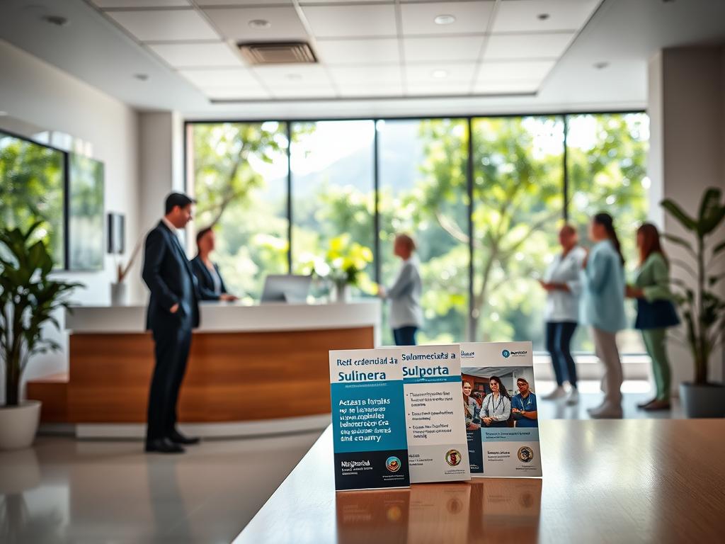A serene and professional healthcare environment representing "Rede credenciada da Sulamérica Saúde." In the foreground, a polished medical office space featuring a welcoming reception desk with friendly staff members in professional attire, engaging with clients. The middle ground shows pamphlets or brochures highlighting benefits of the network, such as access to top hospitals and laboratories across the country. In the background, large windows offer a view of lush greenery typical of Mairiporã, conveying tranquility and well-being. The lighting is bright and natural, with soft shadows, shot from an inviting angle that captures the essence of a premium healthcare experience. The atmosphere is warm and reassuring, emphasizing quality healthcare and community trust.