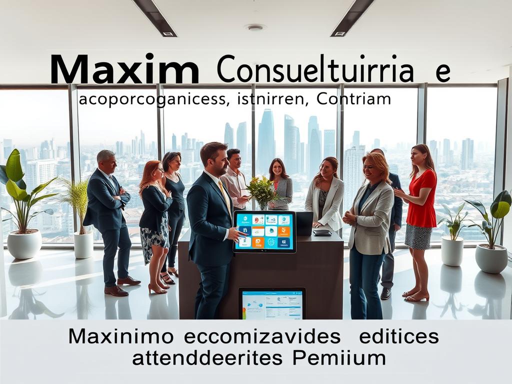 A sleek, modern office environment representing "Maximo Consultoria e Atendimento Premium." In the foreground, a professional consultant in business attire engages warmly with a diverse group of clients, showcasing friendly interactions. The middle-ground features a stylish desk with a digital tablet displaying healthcare options, surrounded by elegant decor such as indoor plants and contemporary artwork. The background reveals a panoramic view of São Paulo with iconic skyscrapers under a bright, clear sky. Soft, natural lighting streams through large windows, creating an inviting atmosphere. The mood feels professional yet approachable, emphasizing trust and premium service in healthcare consulting. No text or branding present.
