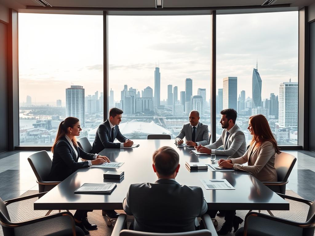 A sleek, modern office environment showcasing premium health insurance solutions. In the foreground, a diverse team of professionals in business attire engages in a discussion around a large conference table, highlighting collaboration and expertise. On the table, there are elegant documents and sleek digital devices displaying health care plans. In the middle ground, a large window reveals a scenic view of Ferraz de Vasconcelos, symbolizing growth and opportunity. The background features a stylish city skyline with healthcare symbols subtly integrated into the architecture, representing the best hospitals and medical centers in the country. Soft, natural lighting filters in through the window, creating a warm and inviting atmosphere that conveys trust and professionalism. The angle is slightly above eye level, providing an expansive view of the setting while maintaining focus on the team. A sleek, modern office environment showcasing premium health insurance solutions. In the foreground, a diverse team of professionals in business attire engages in a discussion around a large conference table, highlighting collaboration and expertise. On the table, there are elegant documents and sleek digital devices displaying health care plans. In the middle ground, a large window reveals a scenic view of Ferraz de Vasconcelos, symbolizing growth and opportunity. The background features a stylish city skyline with healthcare symbols subtly integrated into the architecture, representing the best hospitals and medical centers in the country. Soft, natural lighting filters in through the window, creating a warm and inviting atmosphere that conveys trust and professionalism. The angle is slightly above eye level, providing an expansive view of the setting while maintaining focus on the team.