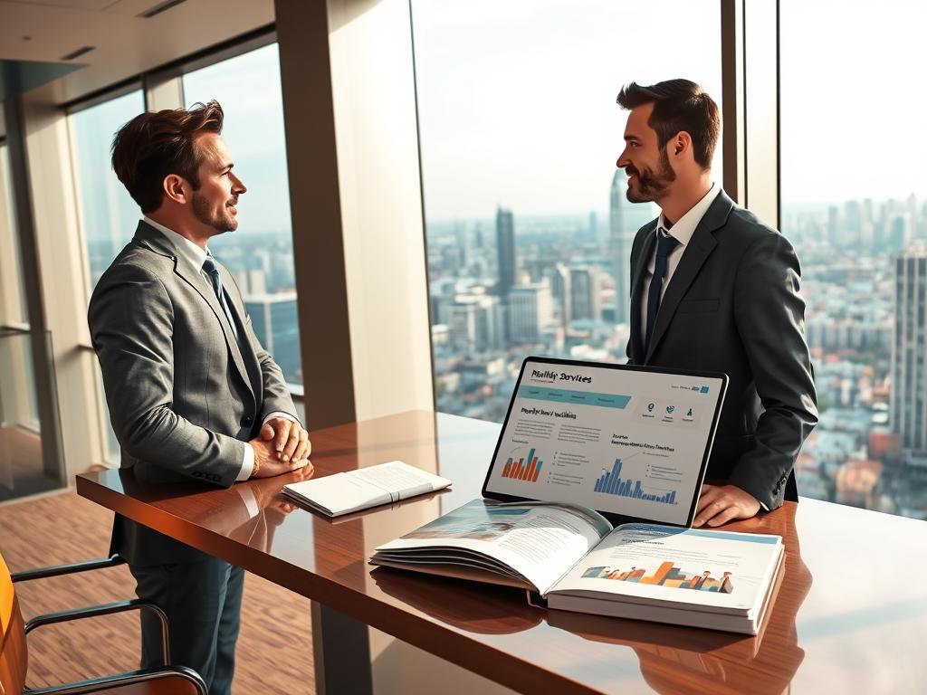 A sleek, modern office setting illustrating "Premium Services of Maximo Consulting". In the foreground, a confident consultant in professional attire engages with a client, both expressing a sense of trust and professionalism. The middle ground features a polished desk with high-end technology, a laptop open displaying healthcare data and a brochure about premium services. In the background, large windows reveal a panoramic view of a bustling urban landscape, emphasizing the city's vibrancy and the accessibility of top-tier healthcare facilities. Soft, natural lighting illuminates the scene, creating an inviting atmosphere, with a warm color palette that conveys professionalism and excellence in service. The overall mood is one of assurance and commitment to quality, capturing the essence of premium consultancy in health services.