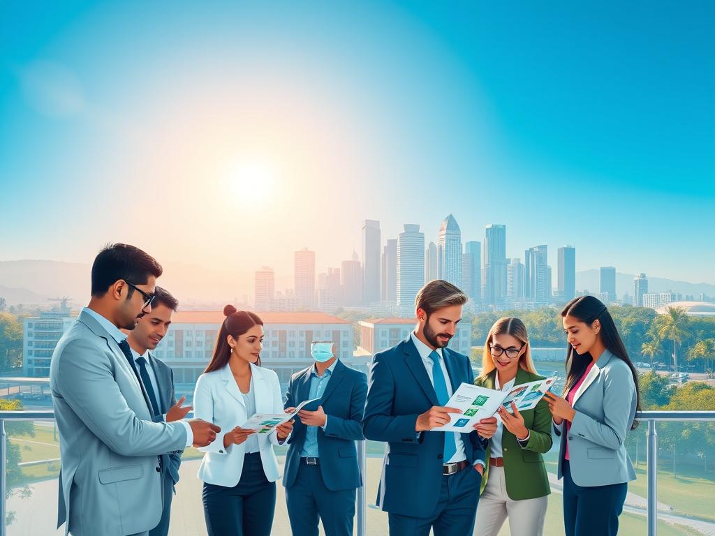 A sophisticated illustration showcasing a premium health network in Brazil, specifically designed to evoke a sense of trust and quality. In the foreground, depict a diverse group of professional individuals in business attire, engaged in a collaborative meeting, examining health service brochures. In the middle ground, showcase visuals of state-of-the-art hospitals, laboratories, and medical centers, representing a high standard of care. The background features a sleek urban skyline of Rio Grande da Serra, bathed in soft, warm sunlight, highlighting a clear blue sky. Use a wide-angle lens to capture the breadth of the scene, maintaining a clean and professional aesthetic. The mood should convey optimism and professionalism, reflecting the premium nature of the health services being promoted.